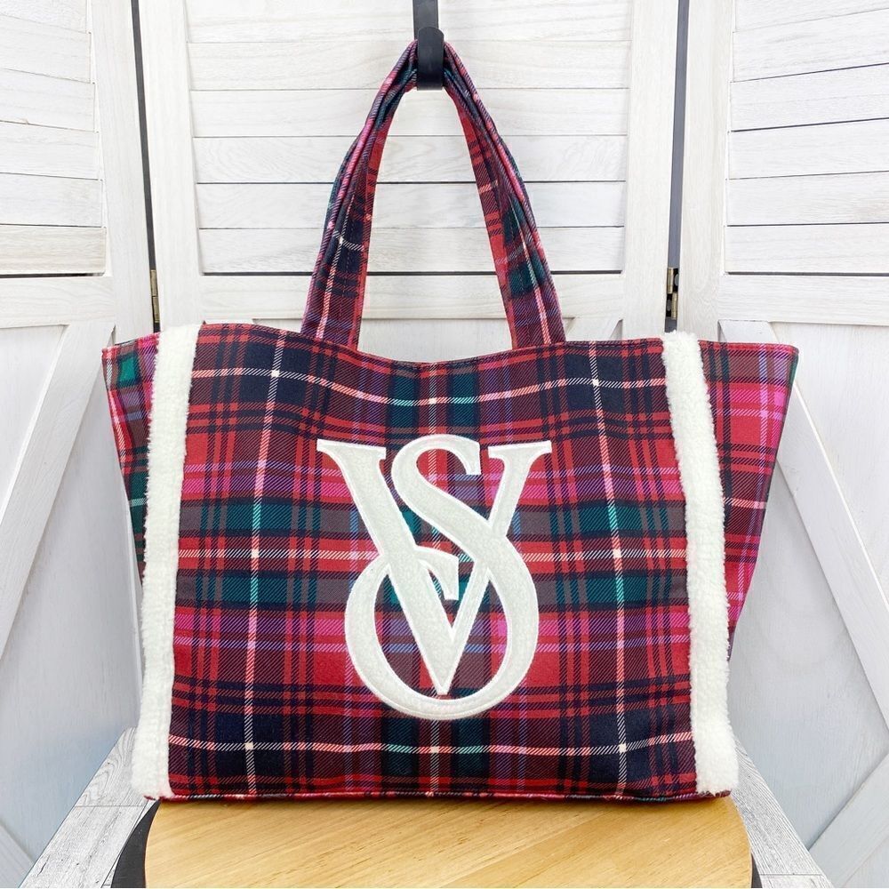 Victoria's Secret Plaid Flannel Faux Sherpa Tote Bag Pink Green Large